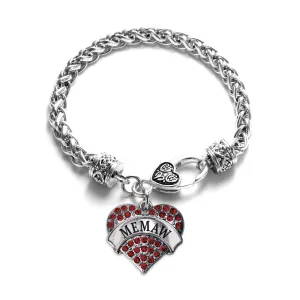 Silver Memaw Red Red Pave Heart Charm Braided Bracelet