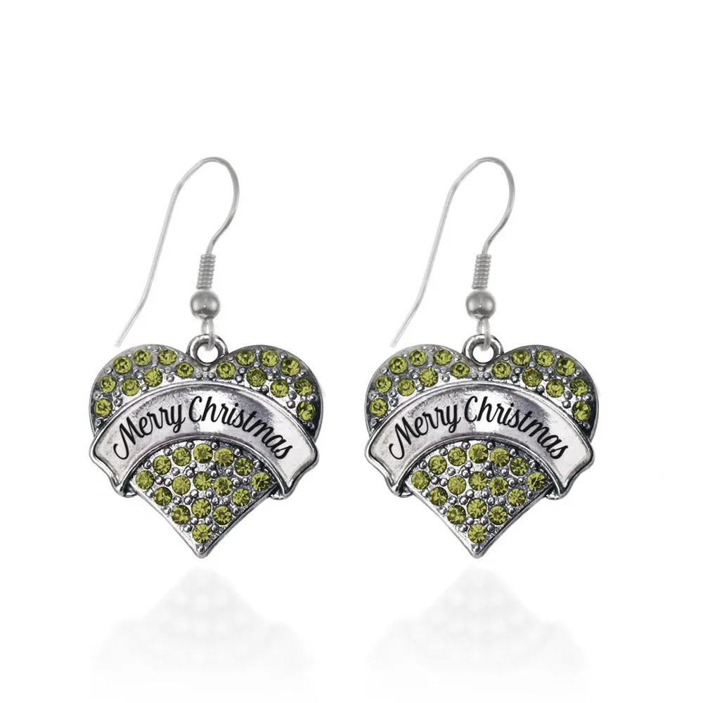 Silver Merry Christmas Green Green Pave Heart Charm Dangle Earrings