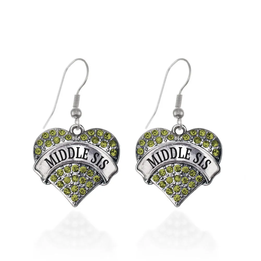 Silver Middle Sis Green Green Pave Heart Charm Dangle Earrings