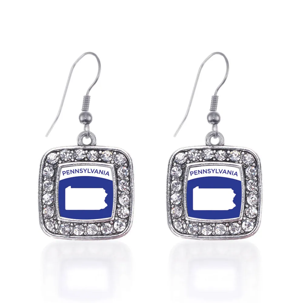 Silver Pennsylvania Outline Square Charm Dangle Earrings