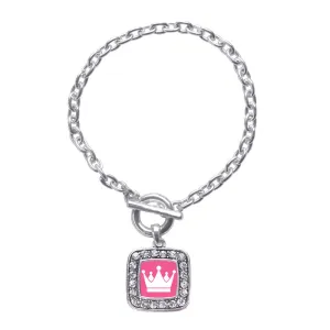 Silver Pink Princess Square Charm Toggle Bracelet