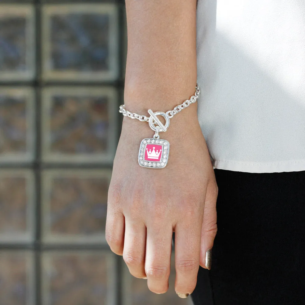 Silver Pink Princess Square Charm Toggle Bracelet