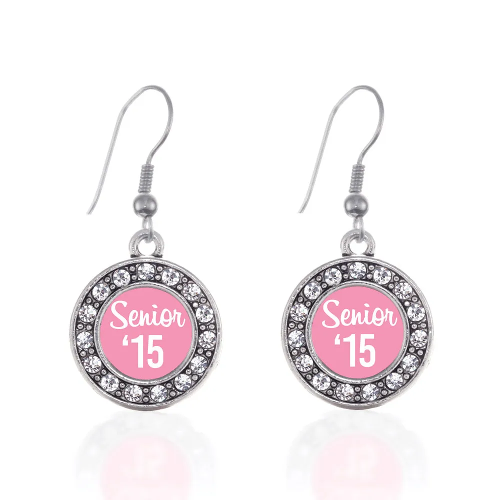 Silver Pink Senior '15 Circle Charm Dangle Earrings