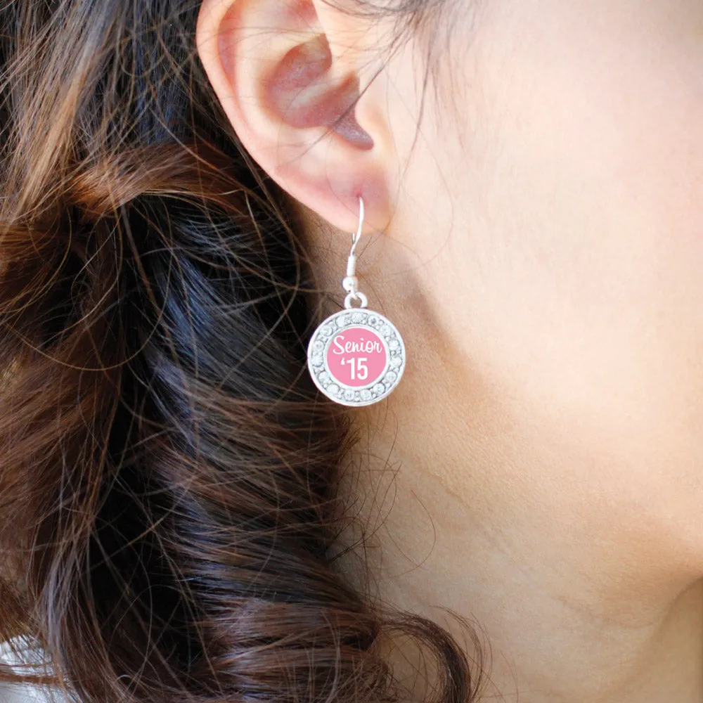 Silver Pink Senior '15 Circle Charm Dangle Earrings