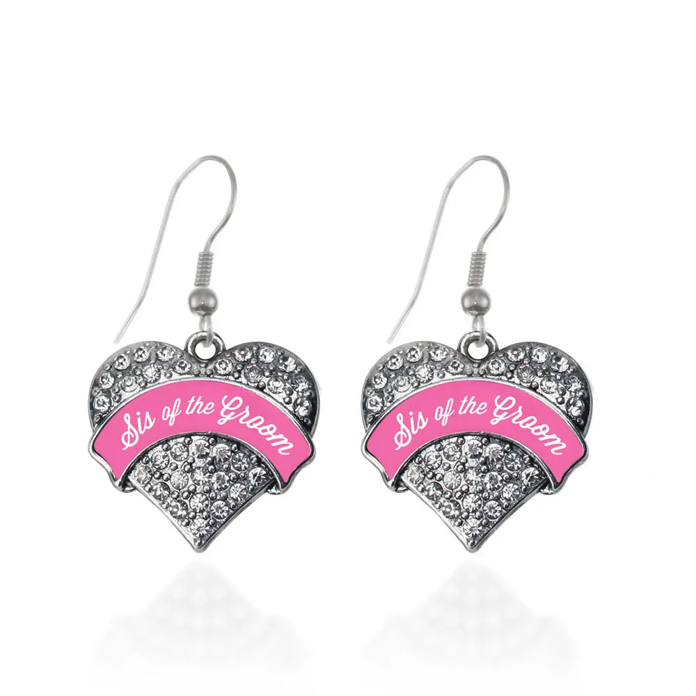 Silver Pink Sis of the Groom Pave Heart Charm Dangle Earrings