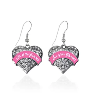 Silver Pink Sis of the Groom Pave Heart Charm Dangle Earrings