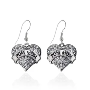 Silver Pom Mom Pave Heart Charm Dangle Earrings