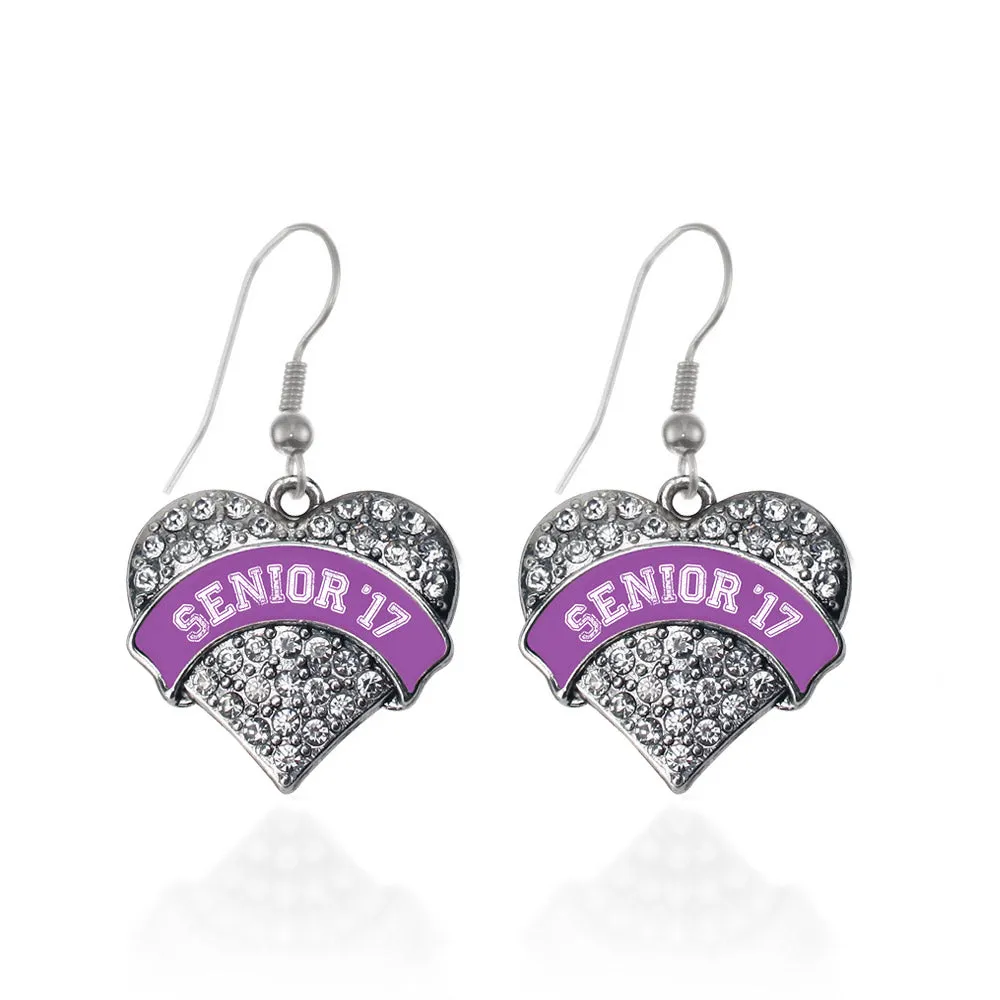 Silver Purple Senior 2017 Pave Heart Charm Dangle Earrings