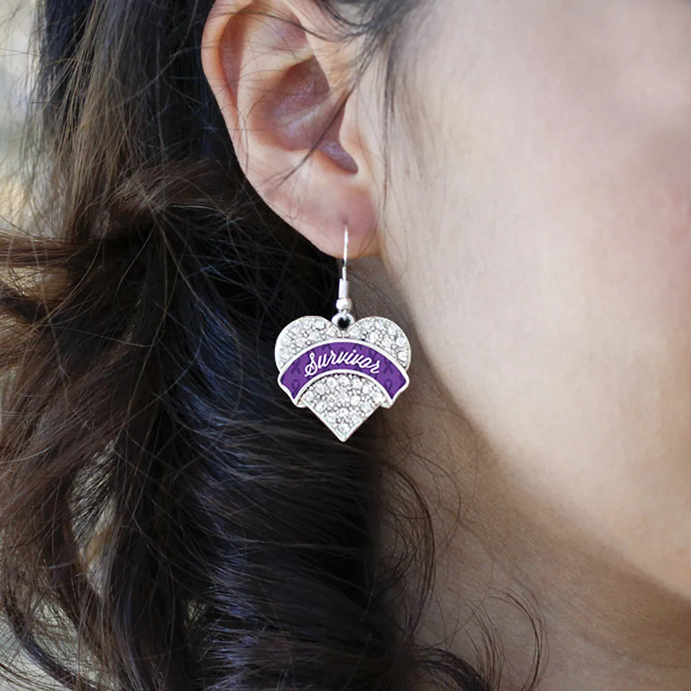 Silver Purple Survivor Pave Heart Charm Dangle Earrings