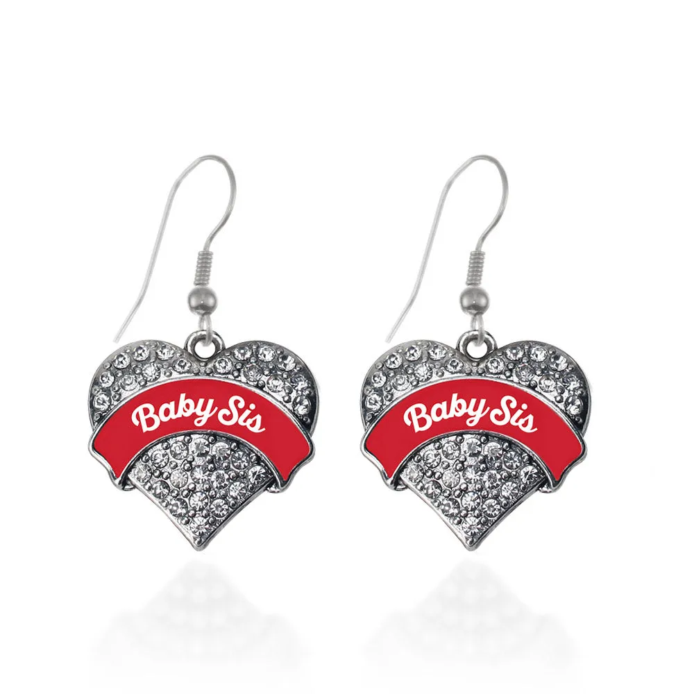 Silver Red Baby Sister Pave Heart Charm Dangle Earrings