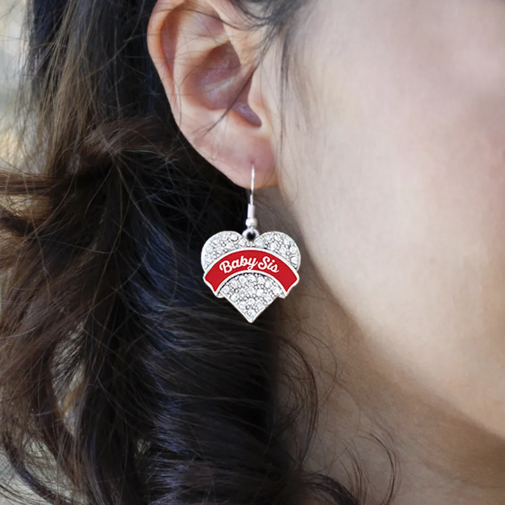 Silver Red Baby Sister Pave Heart Charm Dangle Earrings