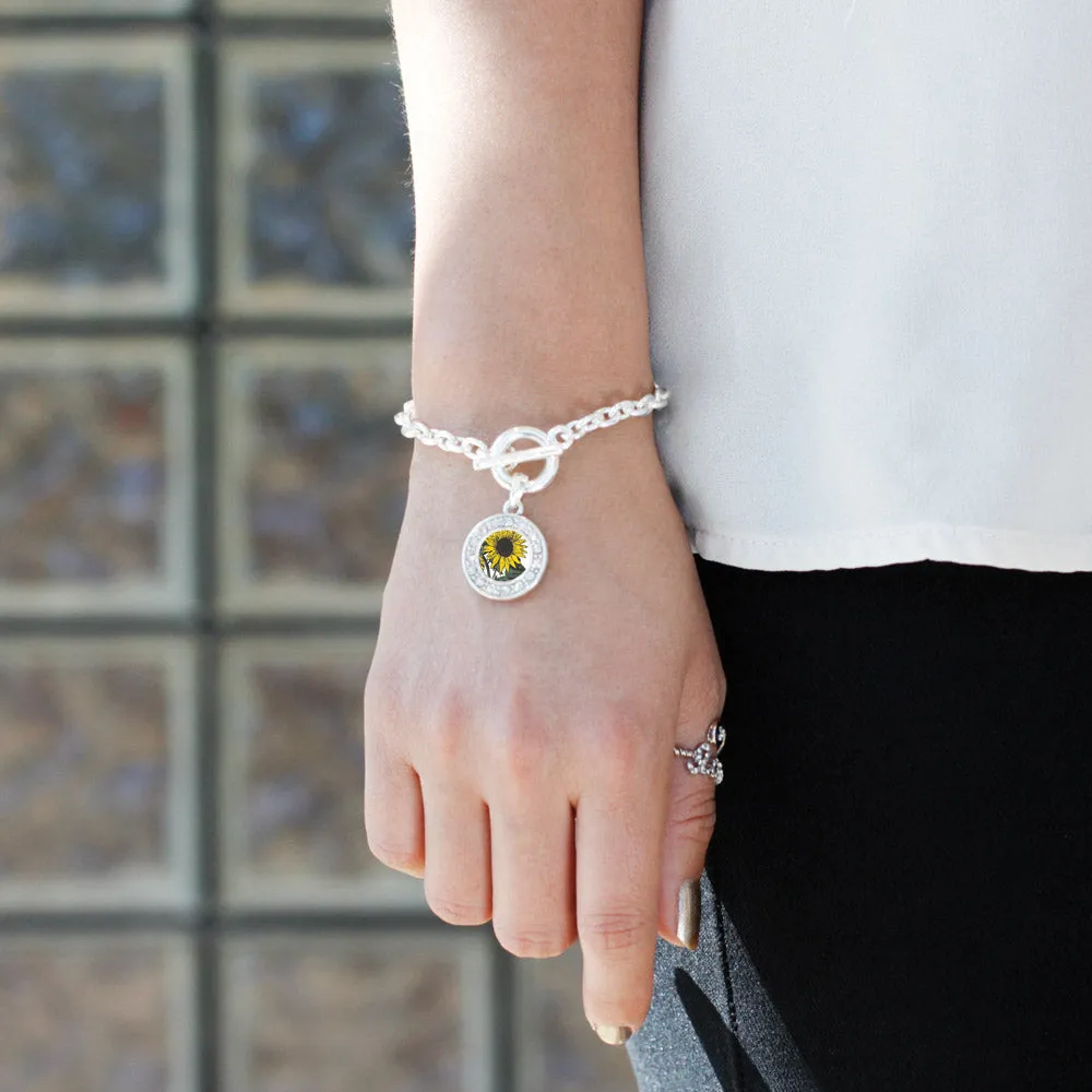 Silver Sunflower Circle Charm Toggle Bracelet