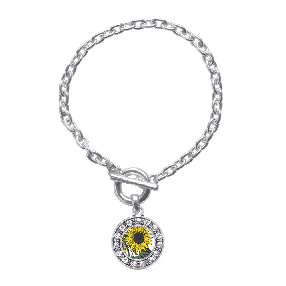 Silver Sunflower Circle Charm Toggle Bracelet