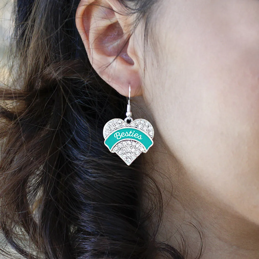 Silver Teal Besties Pave Heart Charm Dangle Earrings