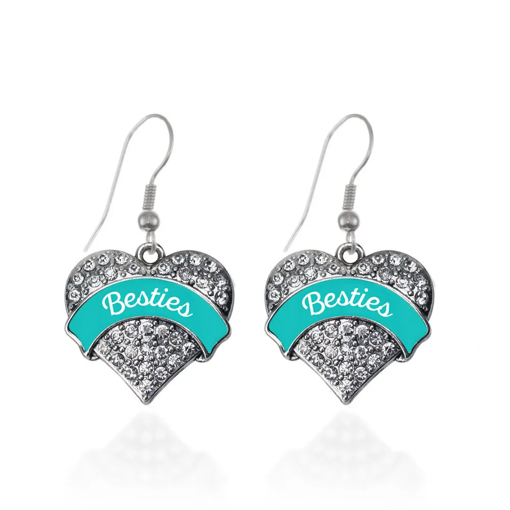 Silver Teal Besties Pave Heart Charm Dangle Earrings