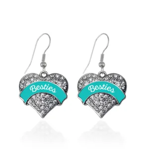 Silver Teal Besties Pave Heart Charm Dangle Earrings