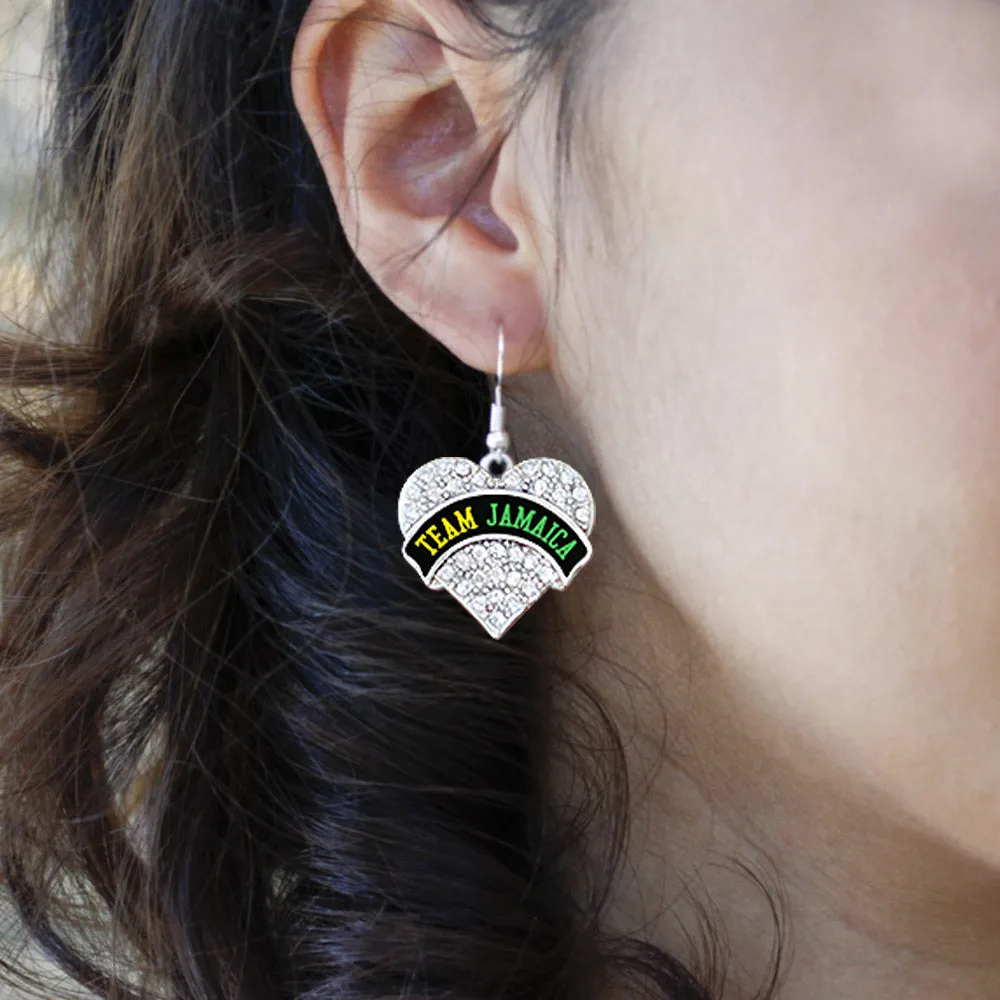 Silver Team Jamaica Pave Heart Charm Dangle Earrings