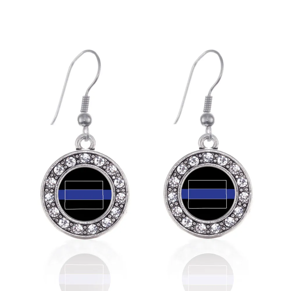 Silver Wyoming Thin Blue Line Circle Charm Dangle Earrings