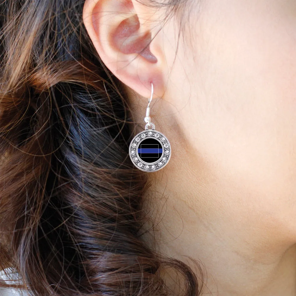 Silver Wyoming Thin Blue Line Circle Charm Dangle Earrings