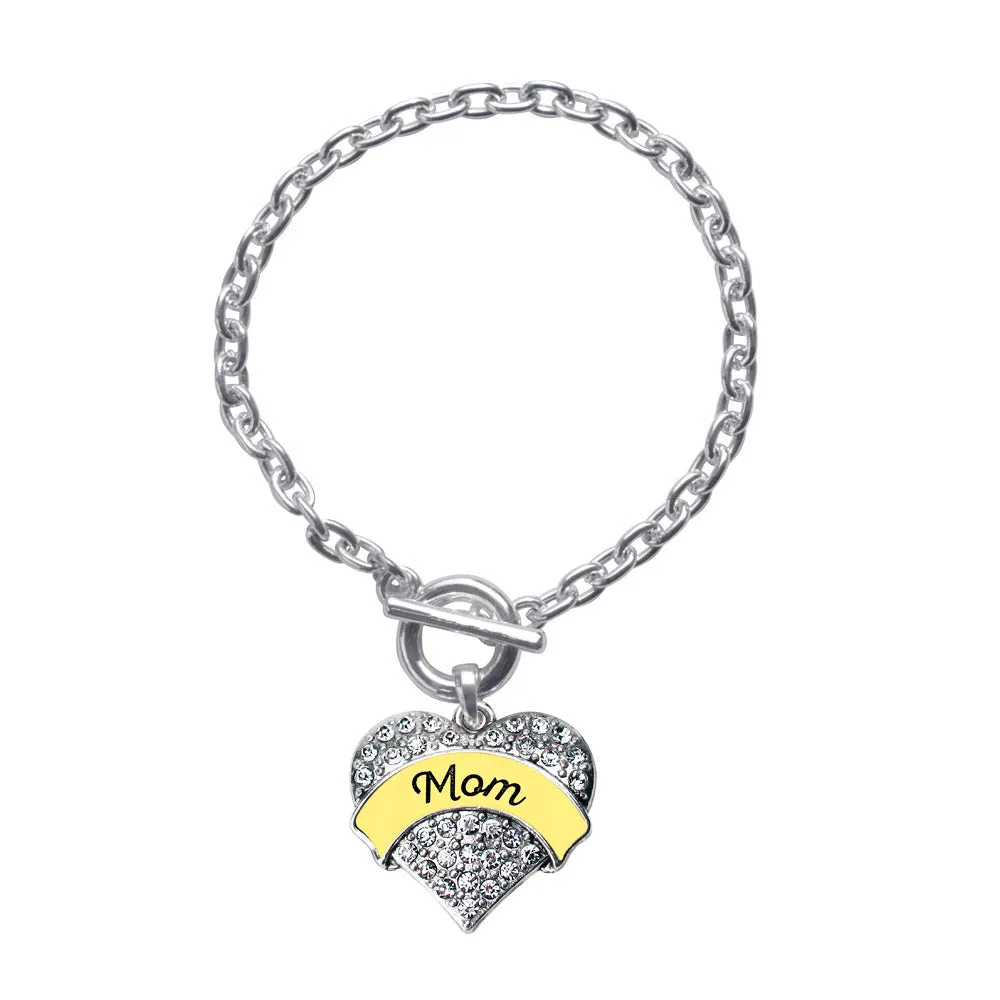 Silver Yellow Mom Pave Heart Charm Toggle Bracelet