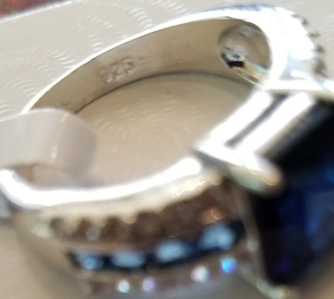 Simulated Sapphire and Diamond Sterling Silver Ring - Size 9