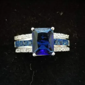 Simulated Sapphire and Diamond Sterling Silver Ring - Size 9