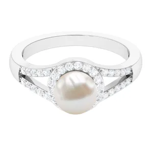 Split Shank Freshwater Pearl Engagement Ring with Diamond Halo