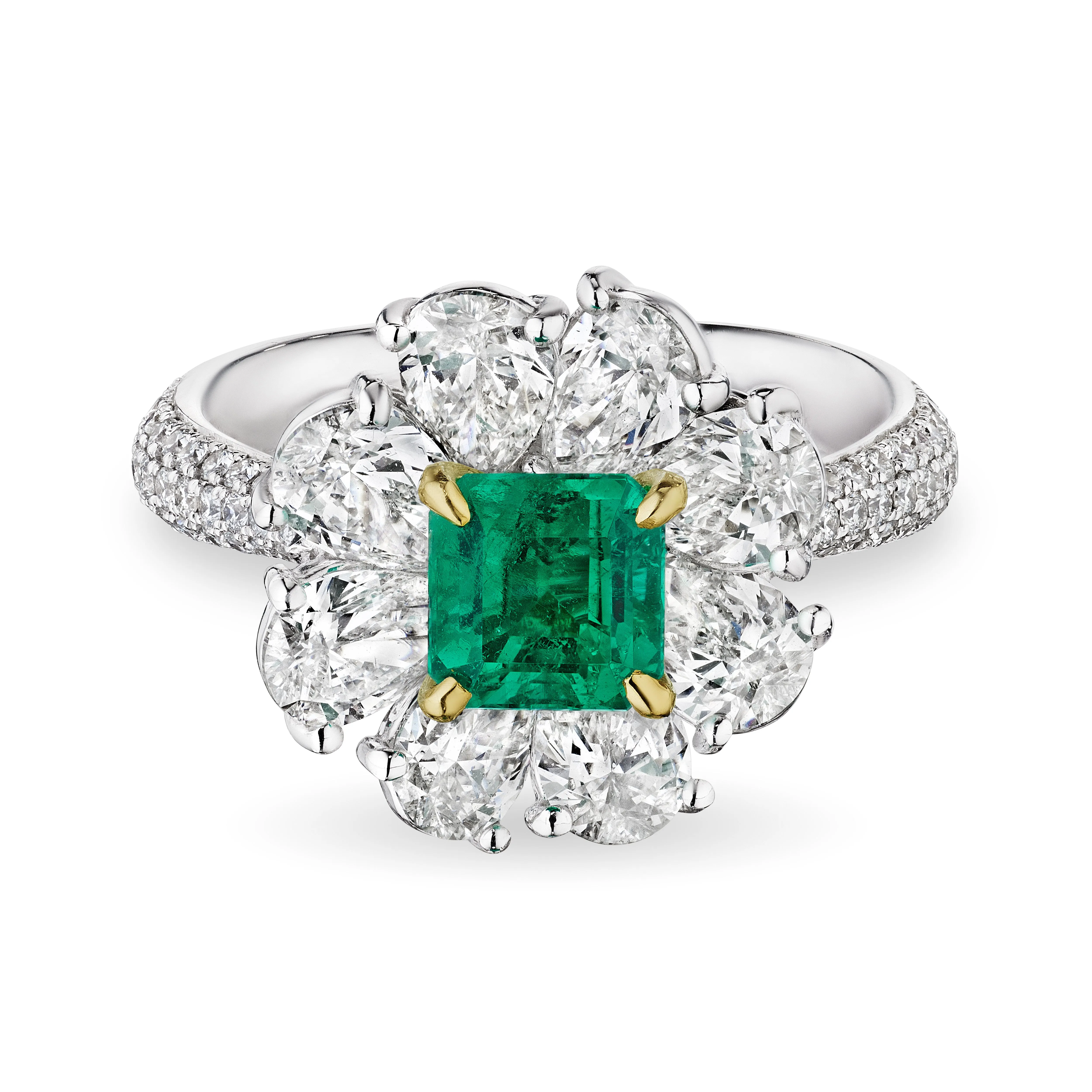 Square Green Emerald Cut Flower Ring, 2 CT