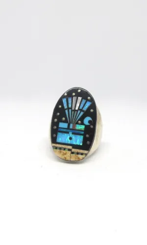 STARRY NIGHT Gilbert Smith Silver S Inlay Yei Kachina Mens Ring, Sz 11 1/2