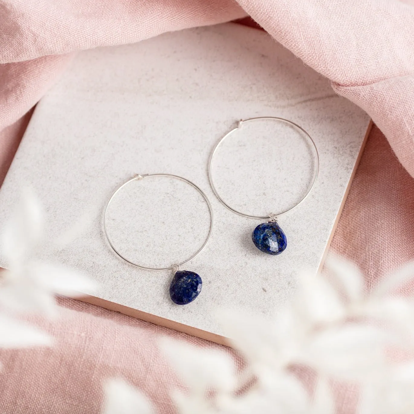 Sterling Silver Hoops Earrings / Lapis Lazuli Gemstone