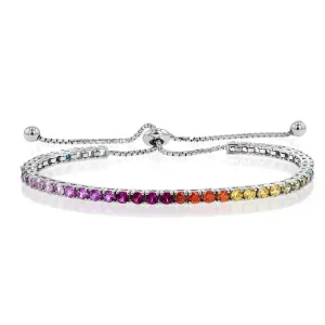 Sterling Silver Rhodium Plated Rainbow Multicolour Cubic Zirconia Adjustable Bracelet