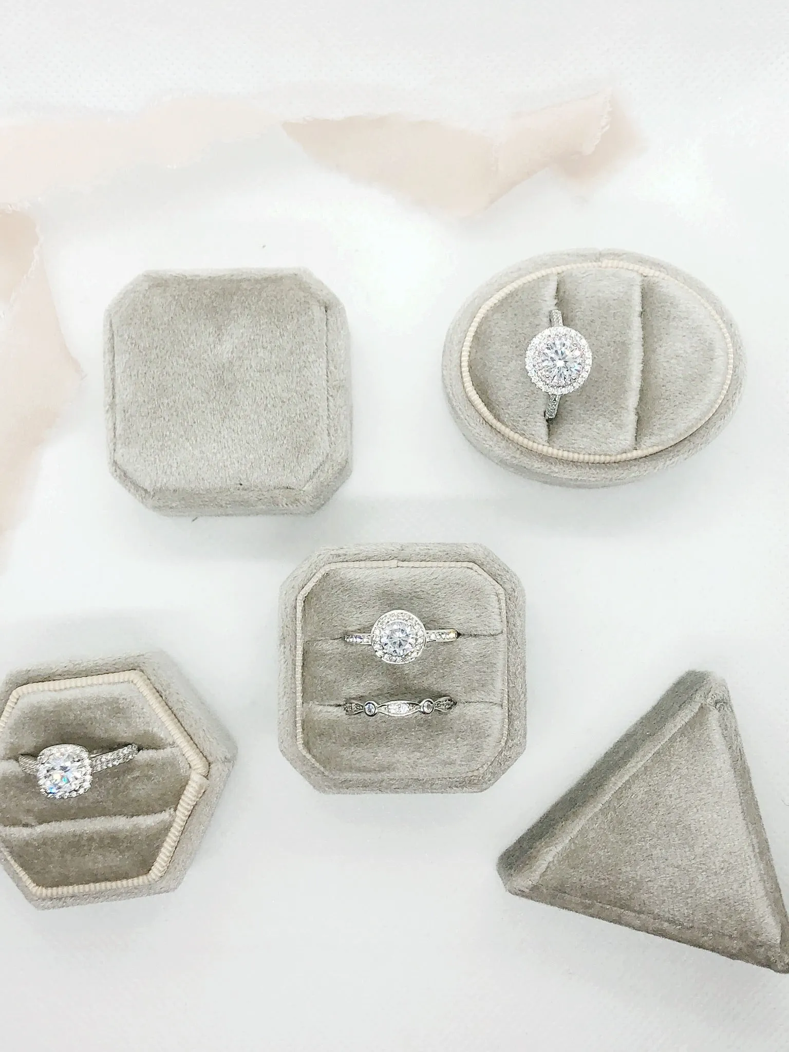 Stone Grey Velvet Square Octagon Ring Box