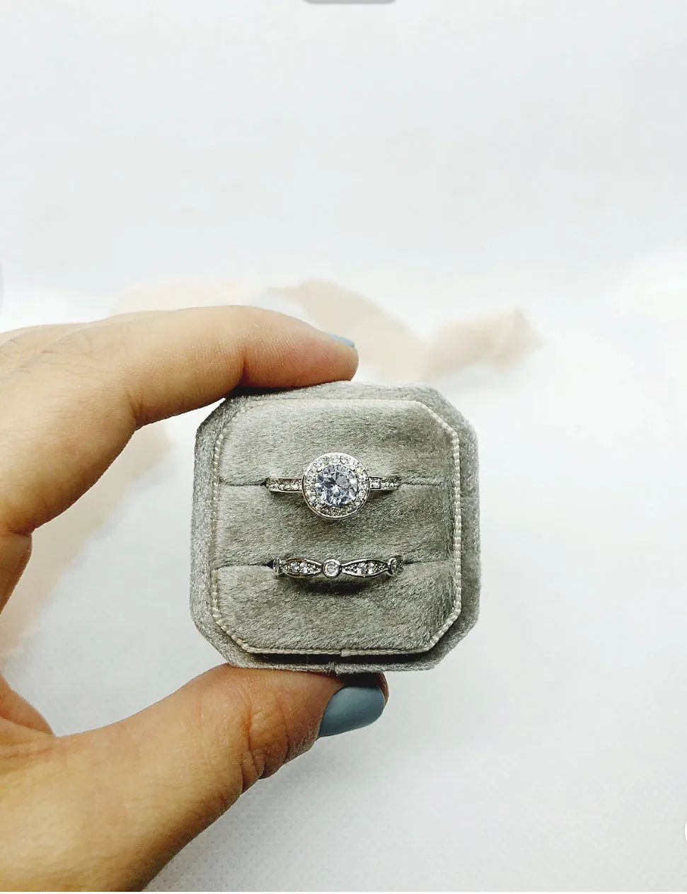 Stone Grey Velvet Square Octagon Ring Box