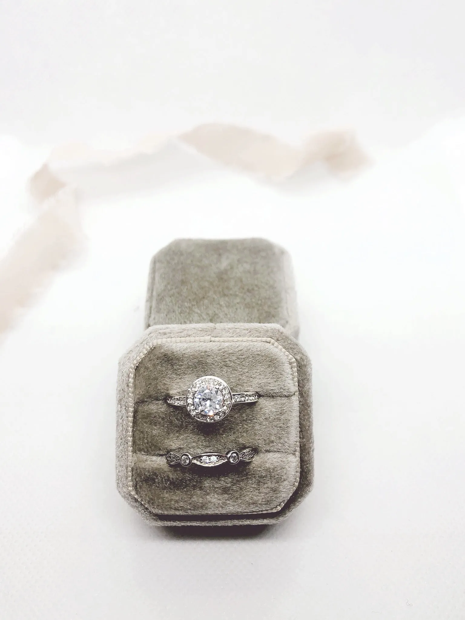 Stone Grey Velvet Square Octagon Ring Box