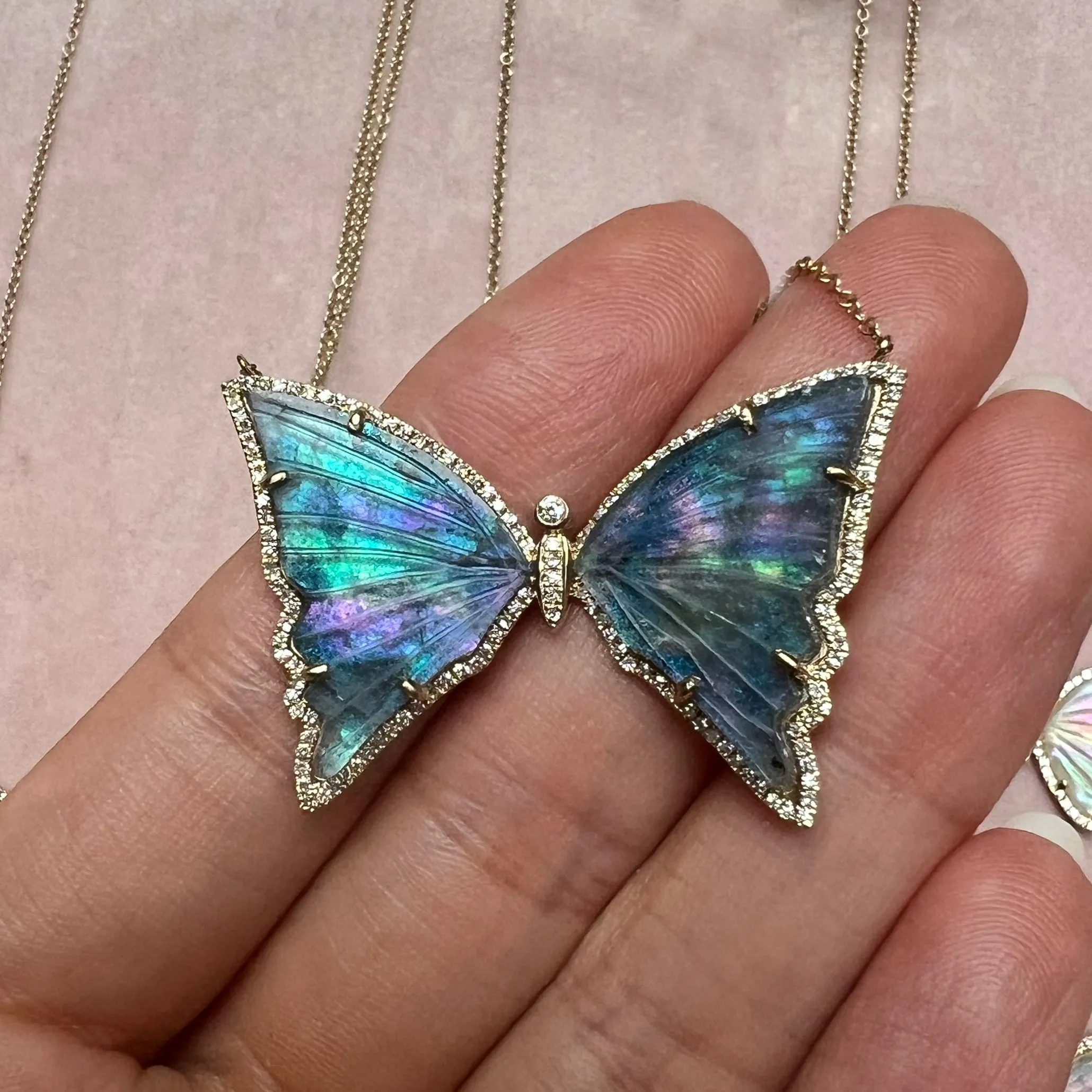 Teal Tourmaline Pearl Butterfly Necklace with Diamonds