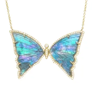 Teal Tourmaline Pearl Butterfly Necklace with Diamonds