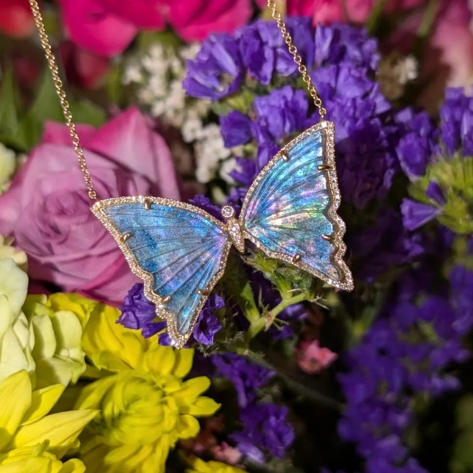 Teal Tourmaline Pearl Butterfly Necklace with Diamonds