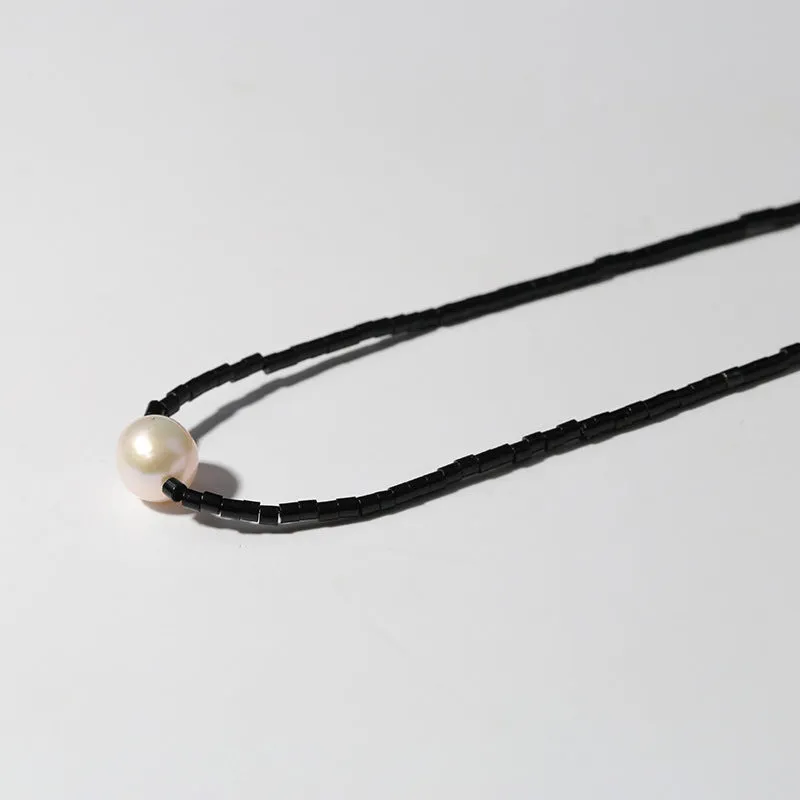 Vintage Black Agate Pearl Collarbone Necklace