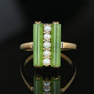 Vintage Gold Pearl Green Jade Art Deco Ring