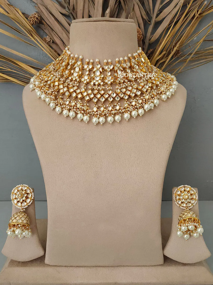 White Color Gold Plated Jadau Kundan Bridal Necklace Set - MS1648Y