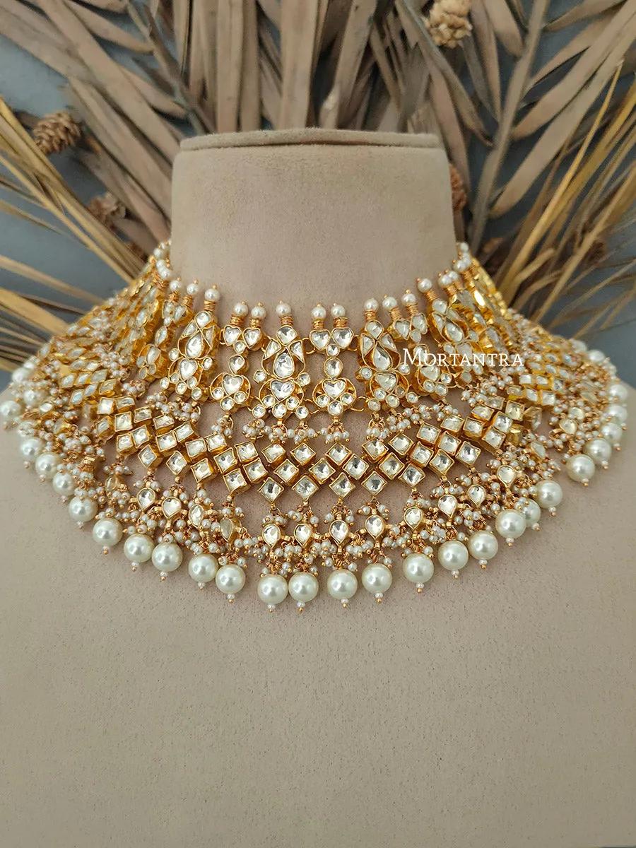 White Color Gold Plated Jadau Kundan Bridal Necklace Set - MS1648Y