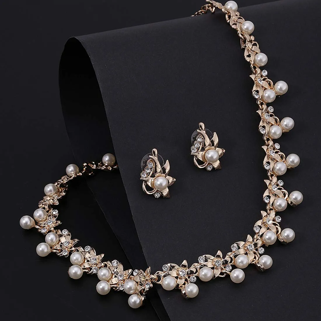 Yellow Chimes  Latest Fashion Floral Design Pearl Crystal Golden Choker Necklace Set with Earrings for Women and Girls