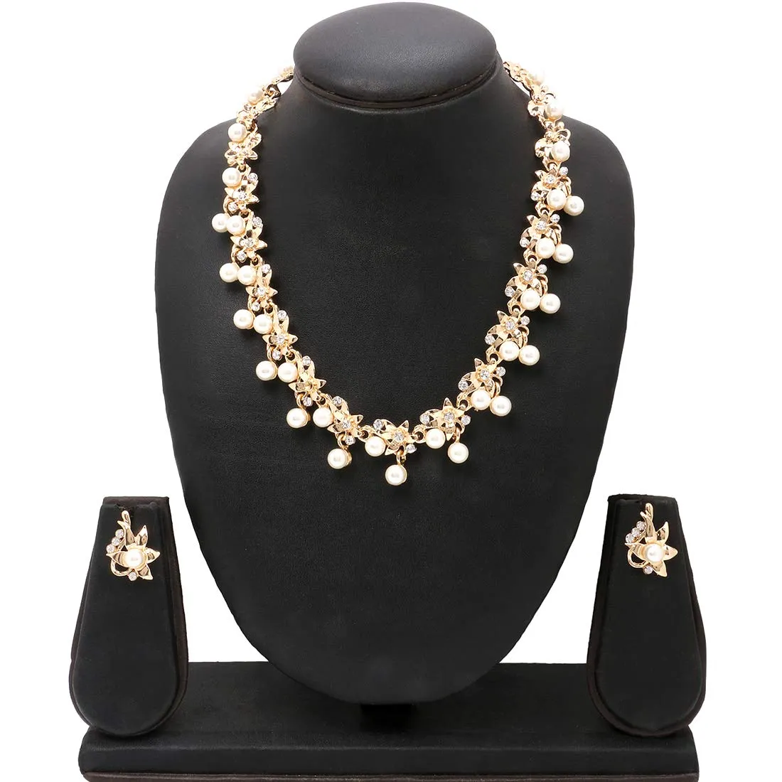 Yellow Chimes  Latest Fashion Floral Design Pearl Crystal Golden Choker Necklace Set with Earrings for Women and Girls