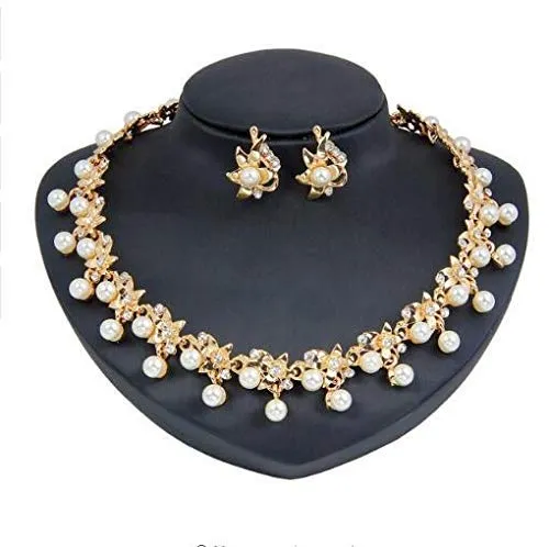 Yellow Chimes  Latest Fashion Floral Design Pearl Crystal Golden Choker Necklace Set with Earrings for Women and Girls