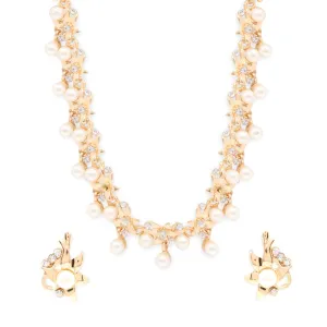 Yellow Chimes  Latest Fashion Floral Design Pearl Crystal Golden Choker Necklace Set with Earrings for Women and Girls